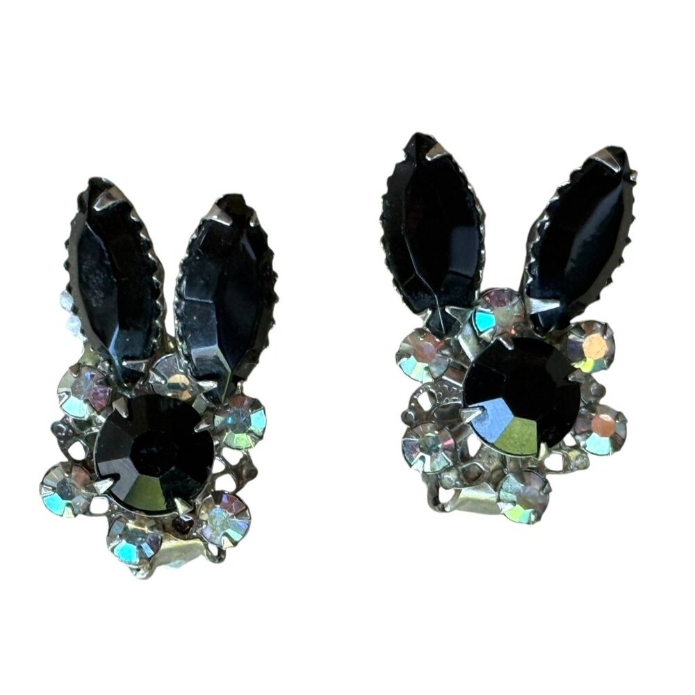 Black Crystal Bunny Clip-On Earrings With AB Crystal Aurora Borealis